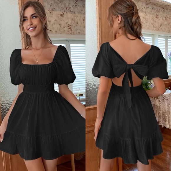 Dresses & Skirts - Short sleeve square neck cutout ruffle mini dress boho black